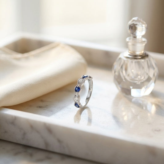 Floating Sapphire & Diamond Scallop Edge Band in 14K White Gold - editorial
