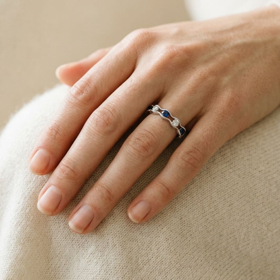 Floating Sapphire & Diamond Scallop Edge Band in 14K White Gold - lifestyle