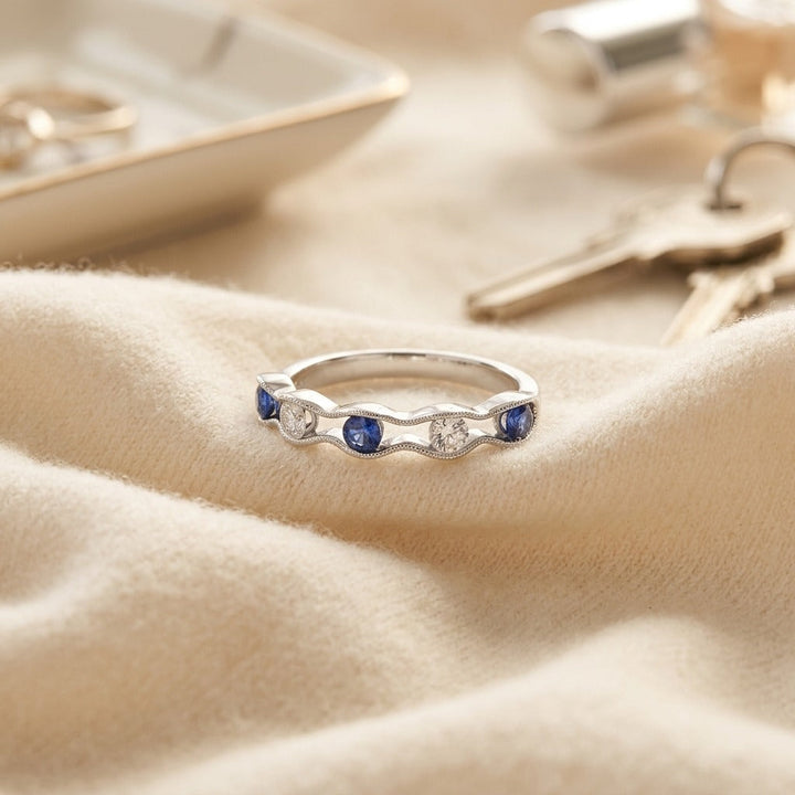 Floating Sapphire & Diamond Scallop Edge Band in 14K White Gold - flat lay