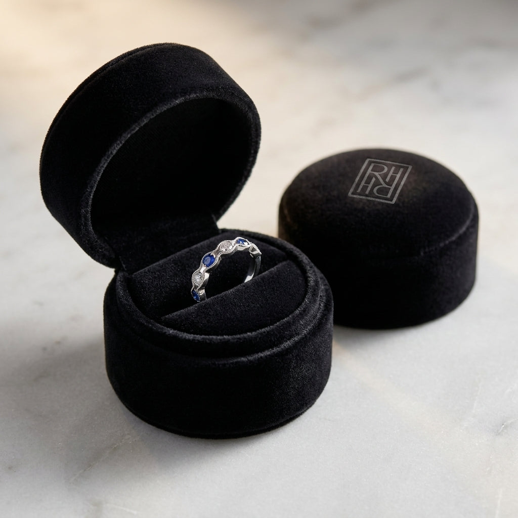 Floating Sapphire & Diamond Scallop Edge Band in 14K White Gold - presentation