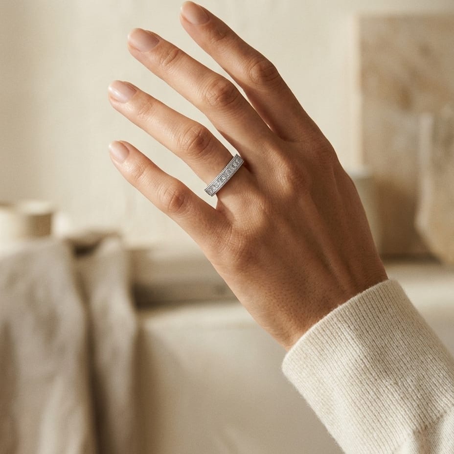 Diamond Princess Cut Milgrain Channel Band in 14K White Gold - editorial