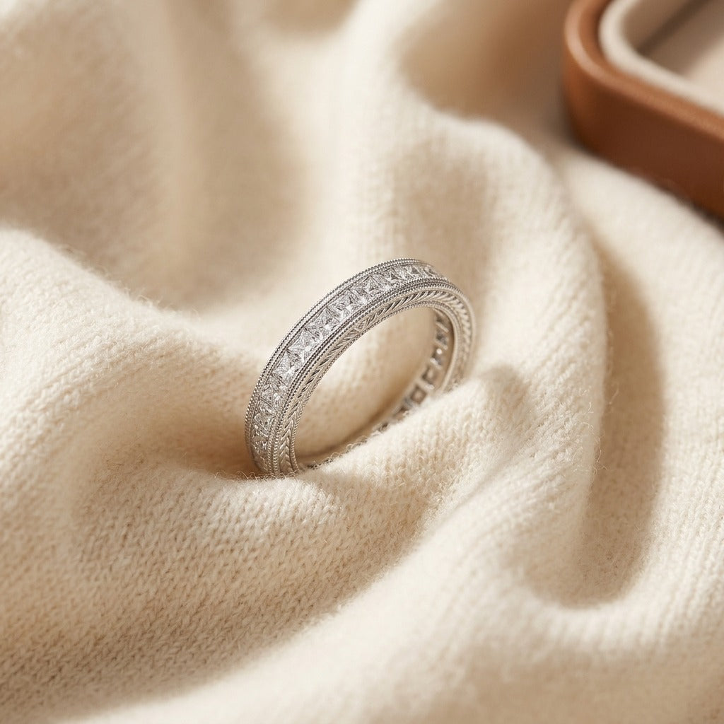 Diamond Princess Cut Milgrain Channel Band in 14K White Gold - flat lay