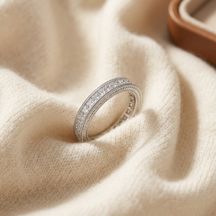 Diamond Princess Cut Milgrain Channel Band in 14K White Gold - flat lay