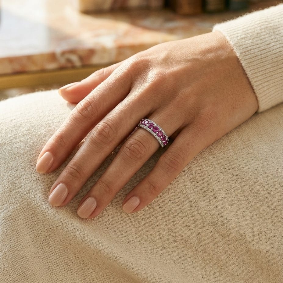 Rhodolite Garnet & Diamond Band in 14K White Gold - editorial