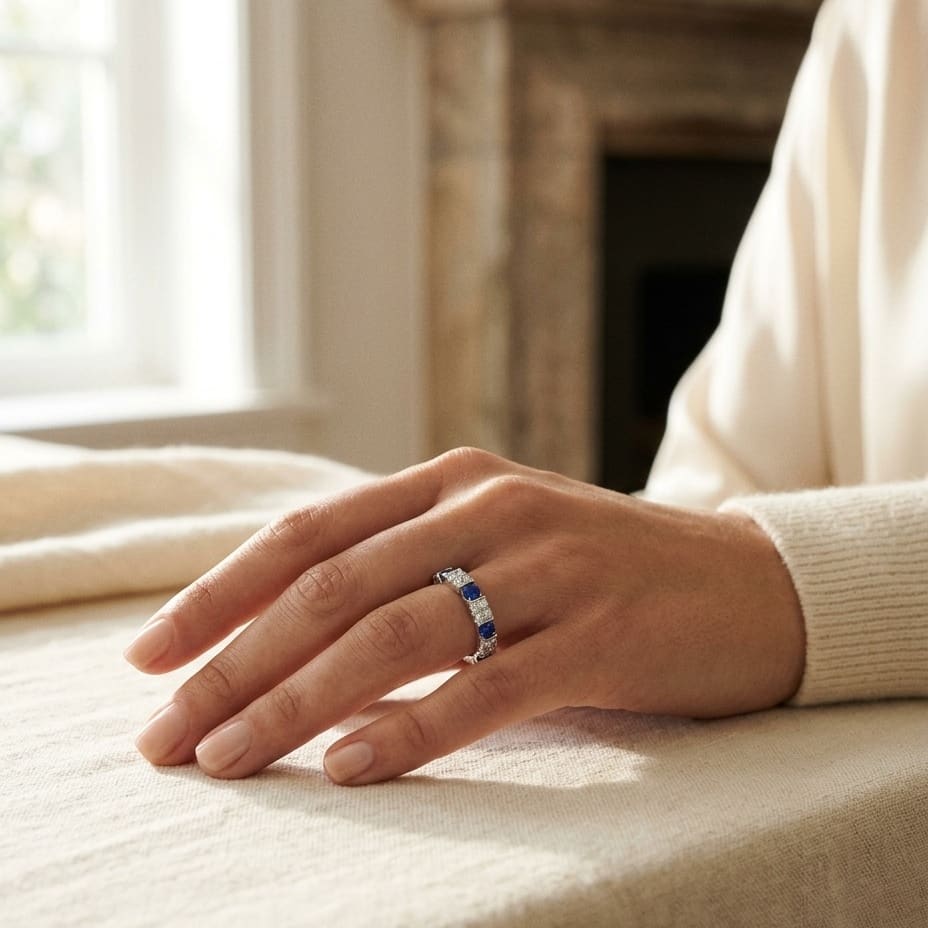 Round Sapphire & Diamond Ring in 14K White Gold - lifestyle