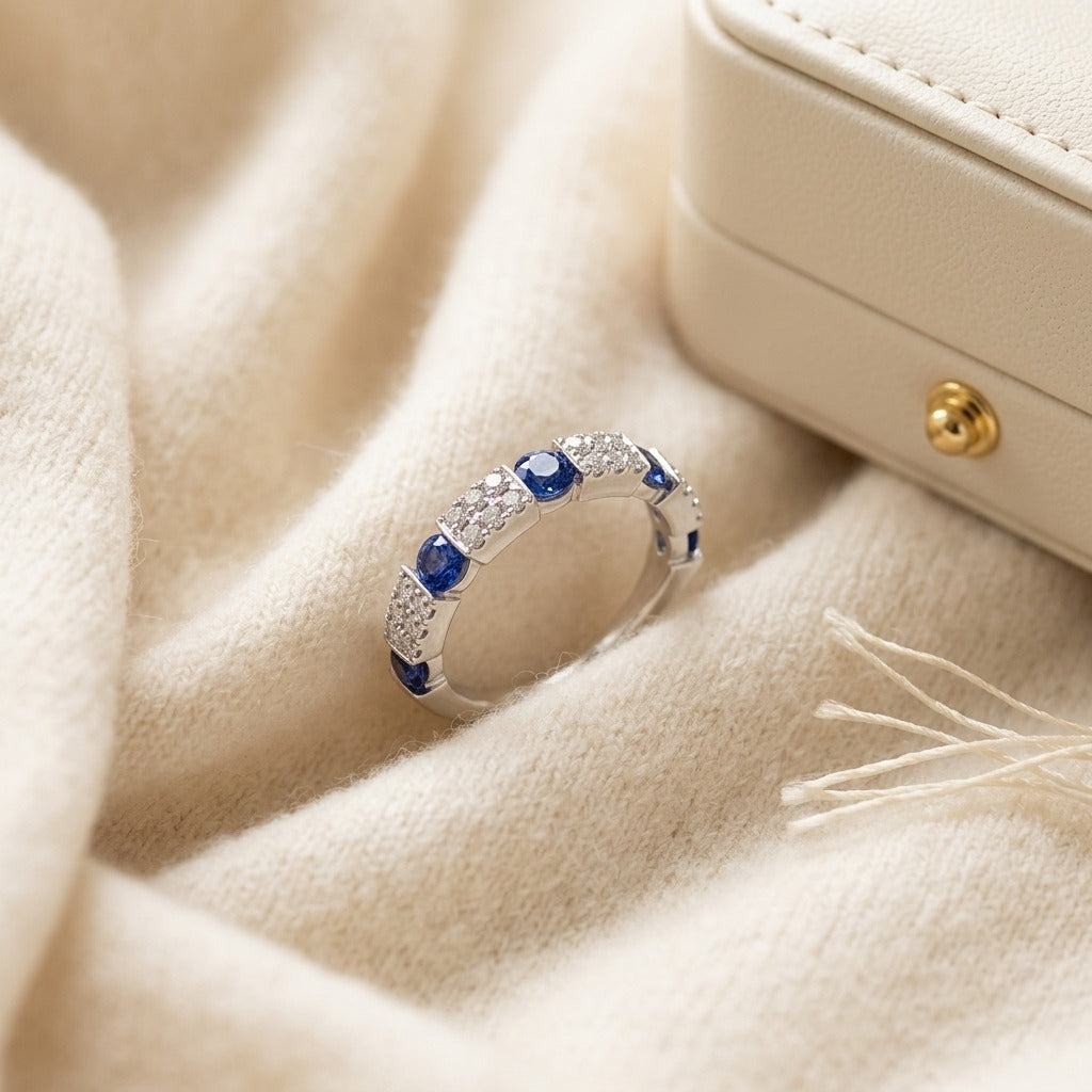 Round Sapphire & Diamond Ring in 14K White Gold - flat lay