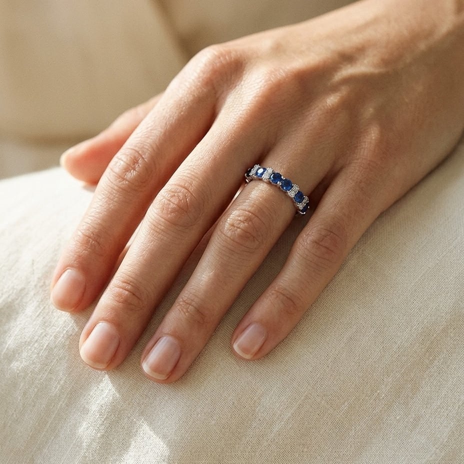 Sapphire & Diamond Single Row Prong-Set Band in 14K White Gold - lifestyle
