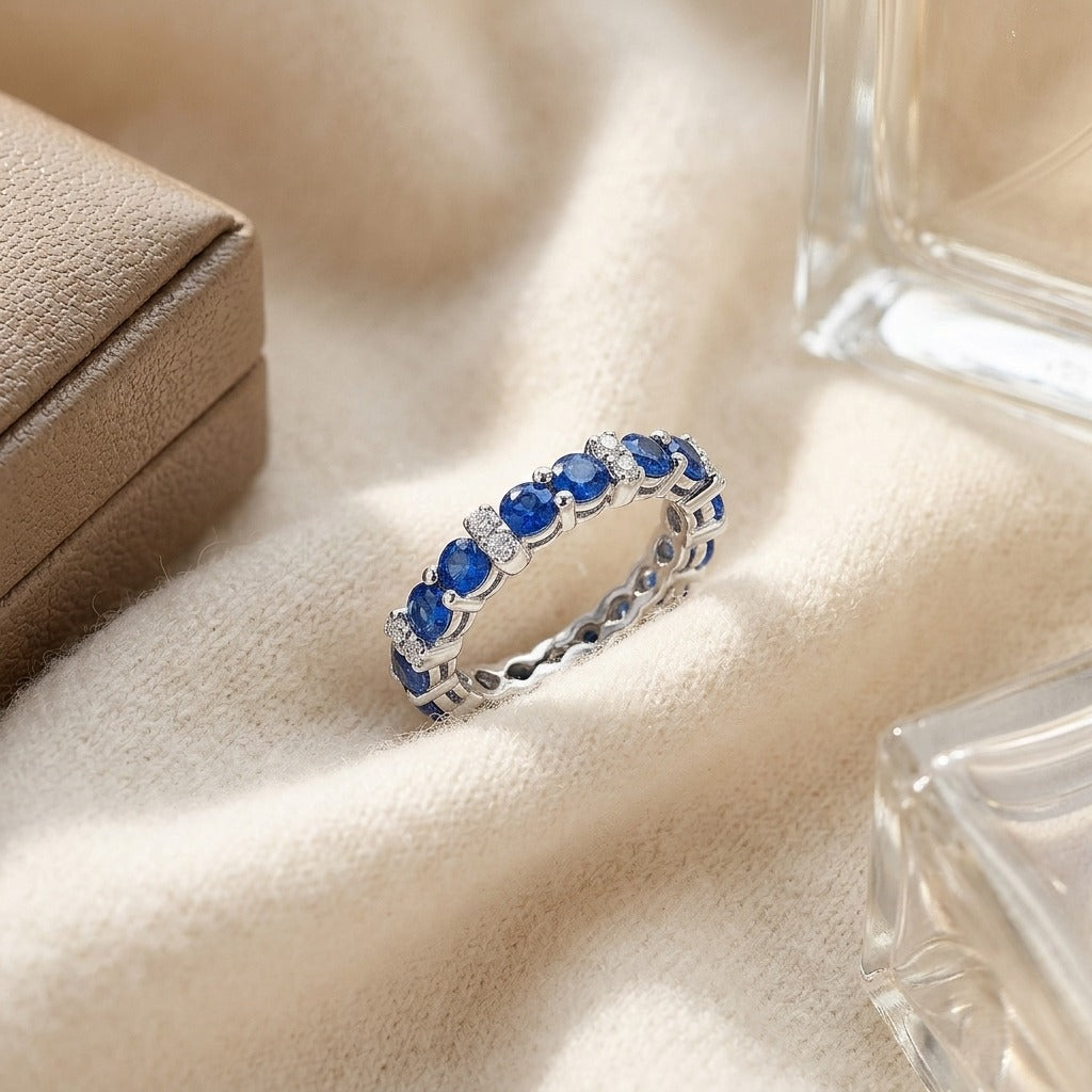 Sapphire & Diamond Single Row Prong-Set Band in 14K White Gold - flat lay