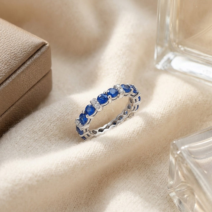Sapphire & Diamond Single Row Prong-Set Band in 14K White Gold - flat lay