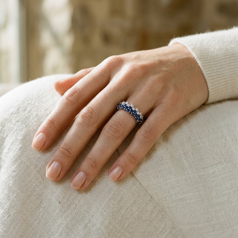 Sapphire & Diamond Layered Scallop Edge Band 3/8ctw in 14K White Gold - editorial