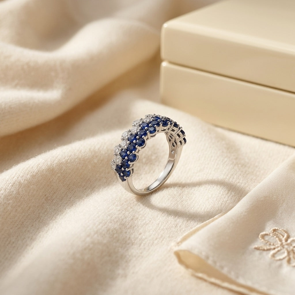 Sapphire & Diamond Layered Scallop Edge Band 3/8ctw in 14K White Gold - flat lay