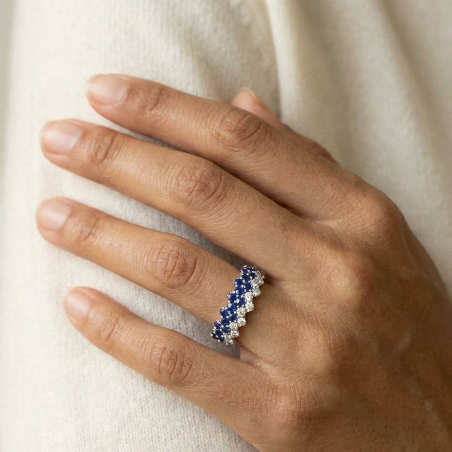 Sapphire And Diamond Layered Scallop Edge Band In 14k White Gold 0.45ctw, worn on hand, close-up