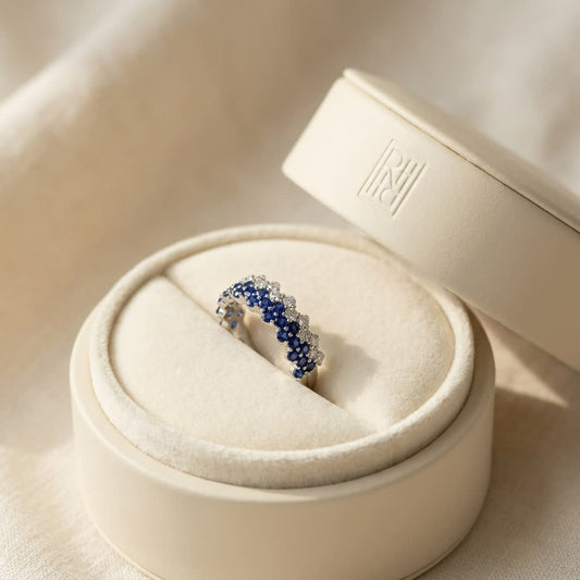 Sapphire And Diamond Layered Scallop Edge Band In 14k White Gold 0.45ctw, in navy velvet jewelry box