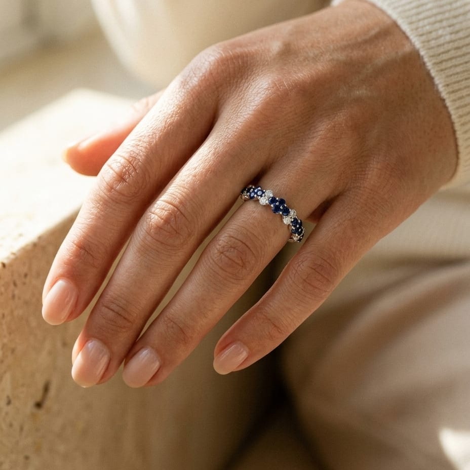 Sapphire & Diamond Alternating Cluster Band 1/4ctw in 14K White Gold - editorial