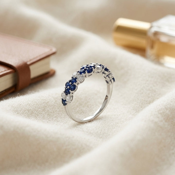 Sapphire & Diamond Alternating Cluster Band 1/4ctw in 14K White Gold - flat lay