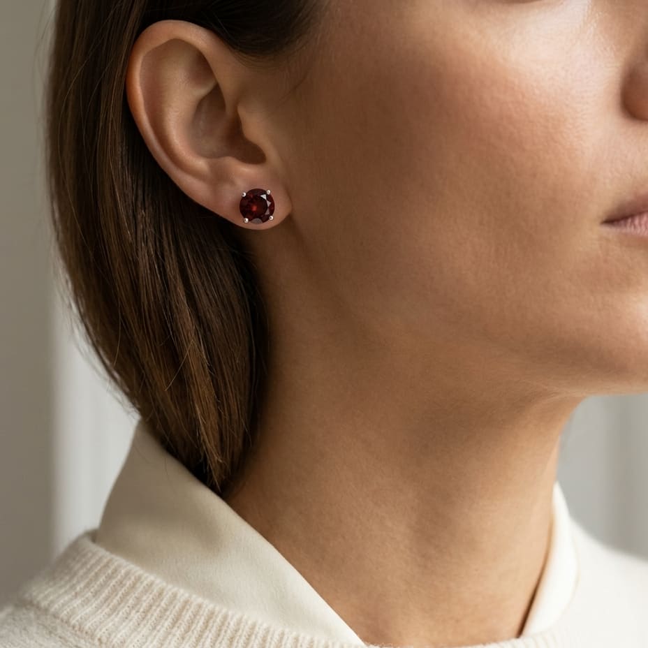 Garnet Round 4-Prong Stud Earrings with Screwbacks 6mm in 14K White Gold - editorial