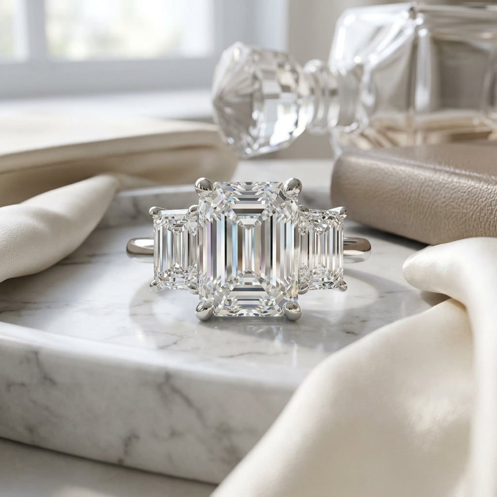 3 Stone Emerald Cut Band in 14K White Gold - editorial