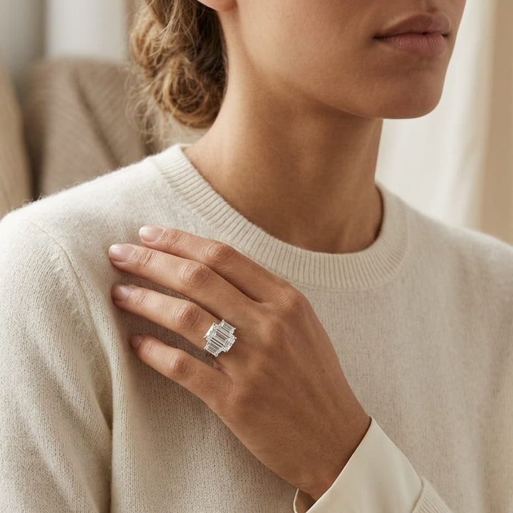 3 Stone Emerald Cut Band in 14K White Gold - lifestyle