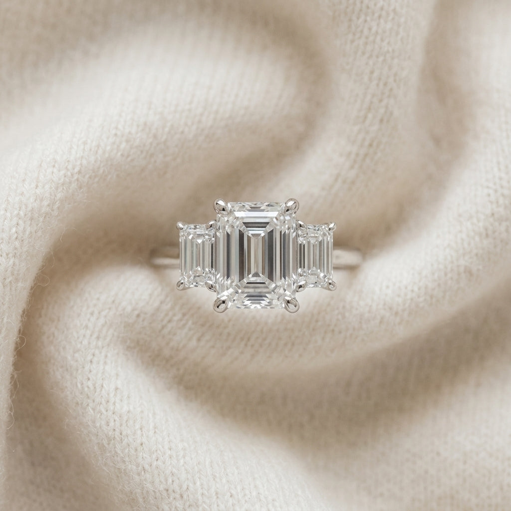 3 Stone Emerald Cut Band in 14K White Gold - flat lay