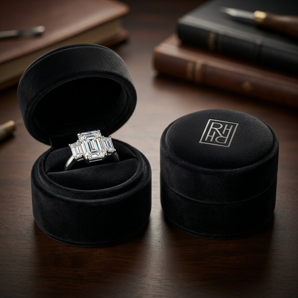 3 Stone Emerald Cut Band in 14K White Gold - presentation
