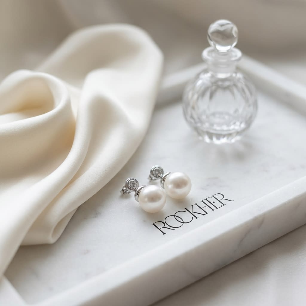 Pearl And Diamond Button Drop Earrings in 14K White Gold, on marble vanity tray with silk