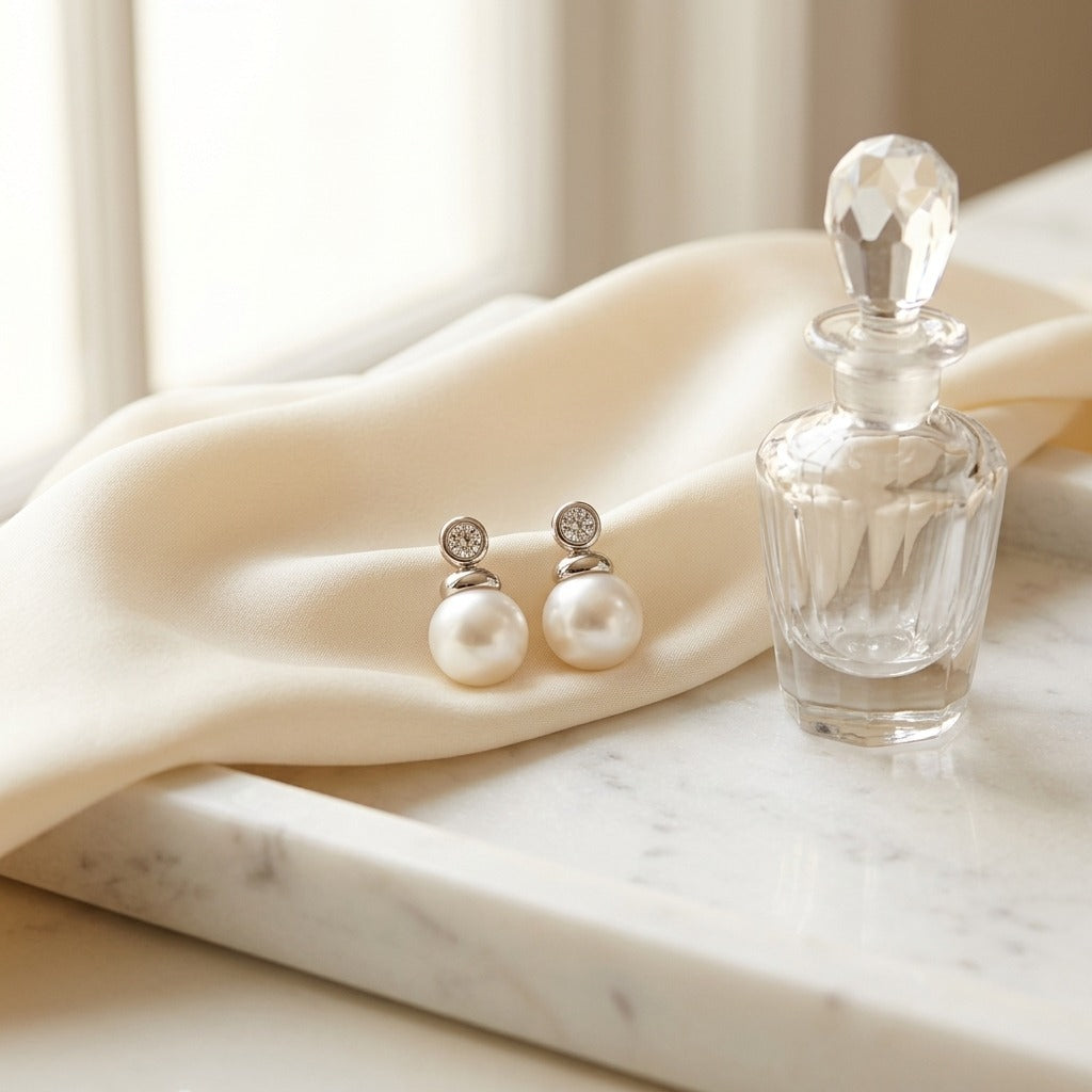 Pearl & Diamond Button Drop Earrings in 14K White Gold - lifestyle