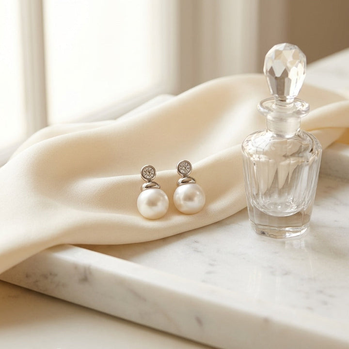 Pearl & Diamond Button Drop Earrings in 14K White Gold - lifestyle