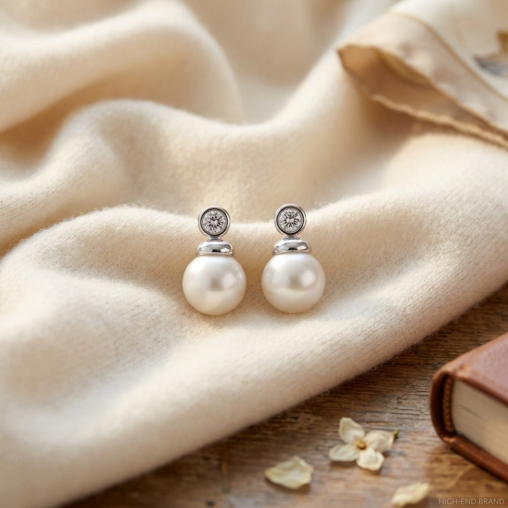 Pearl & Diamond Button Drop Earrings in 14K White Gold - flat lay