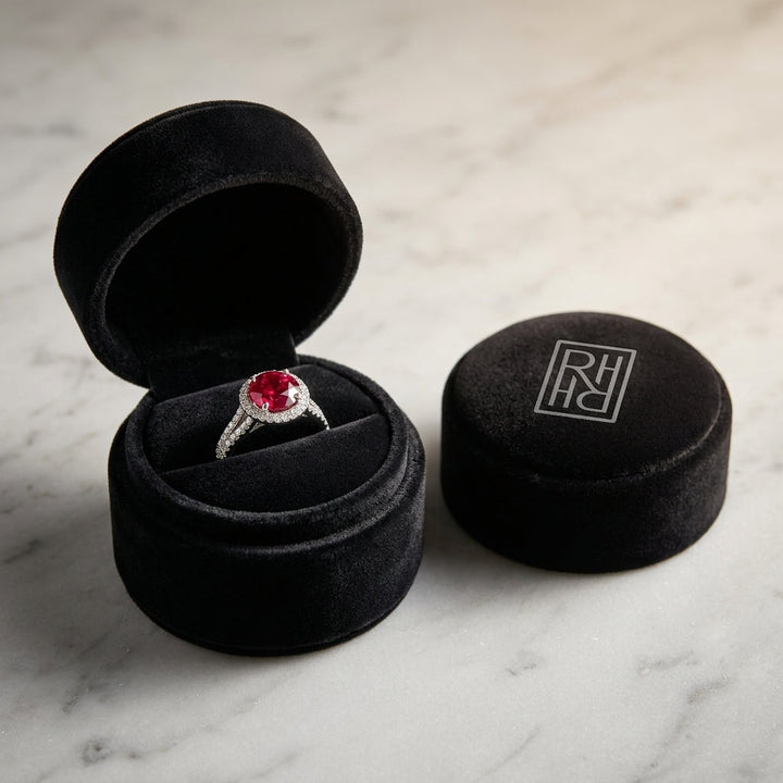 Ruby & Diamond Pave Halo Ring in 14K White Gold - presentation