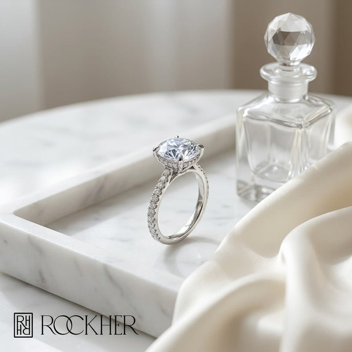 Princess Diamond Channel Ring in 14K White Gold, 0.50ct, on marble vanity tray with silk