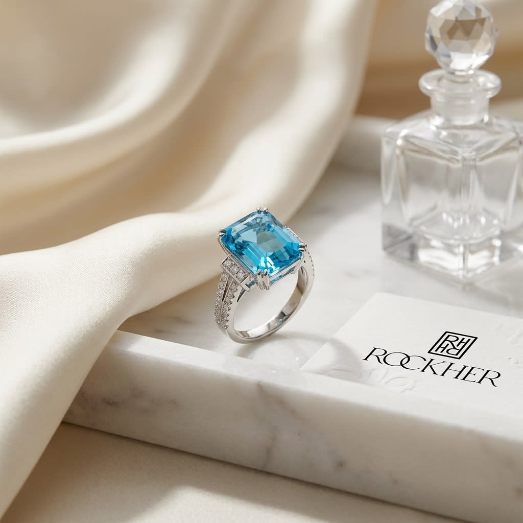 Swiss Blue Topaz and Diamond Step Ring 0.03ctw, on marble vanity tray with silk