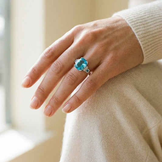 Swiss Blue Topaz & Diamond Step Ring 0.03ctw in 14K White Gold - editorial