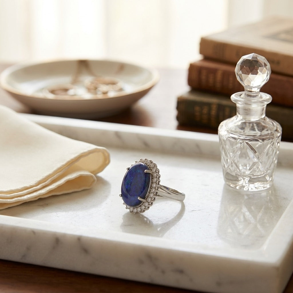 Black Opal / Blue & Diamond Bold Split Shank Ring in 14K White Gold - lifestyle