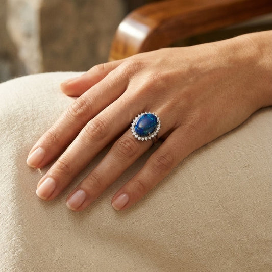 Black Opal / Blue & Diamond Bold Split Shank Ring in 14K White Gold - editorial