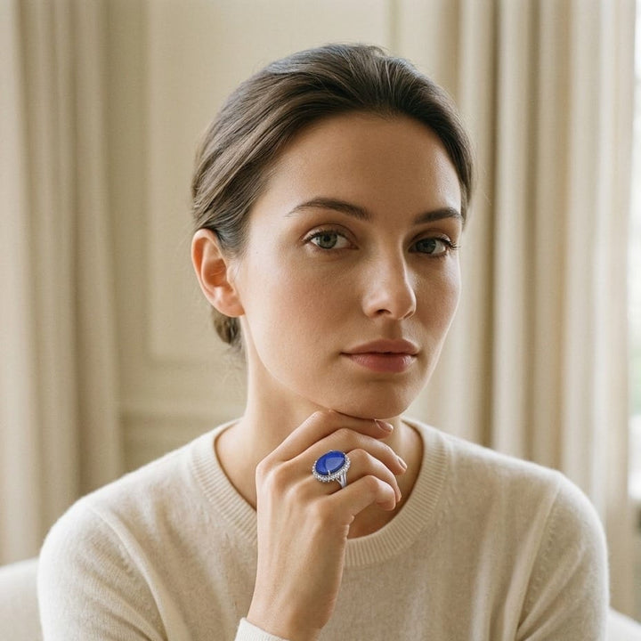 Black Opal / Blue & Diamond Bold Split Shank Ring in 14K White Gold - on model