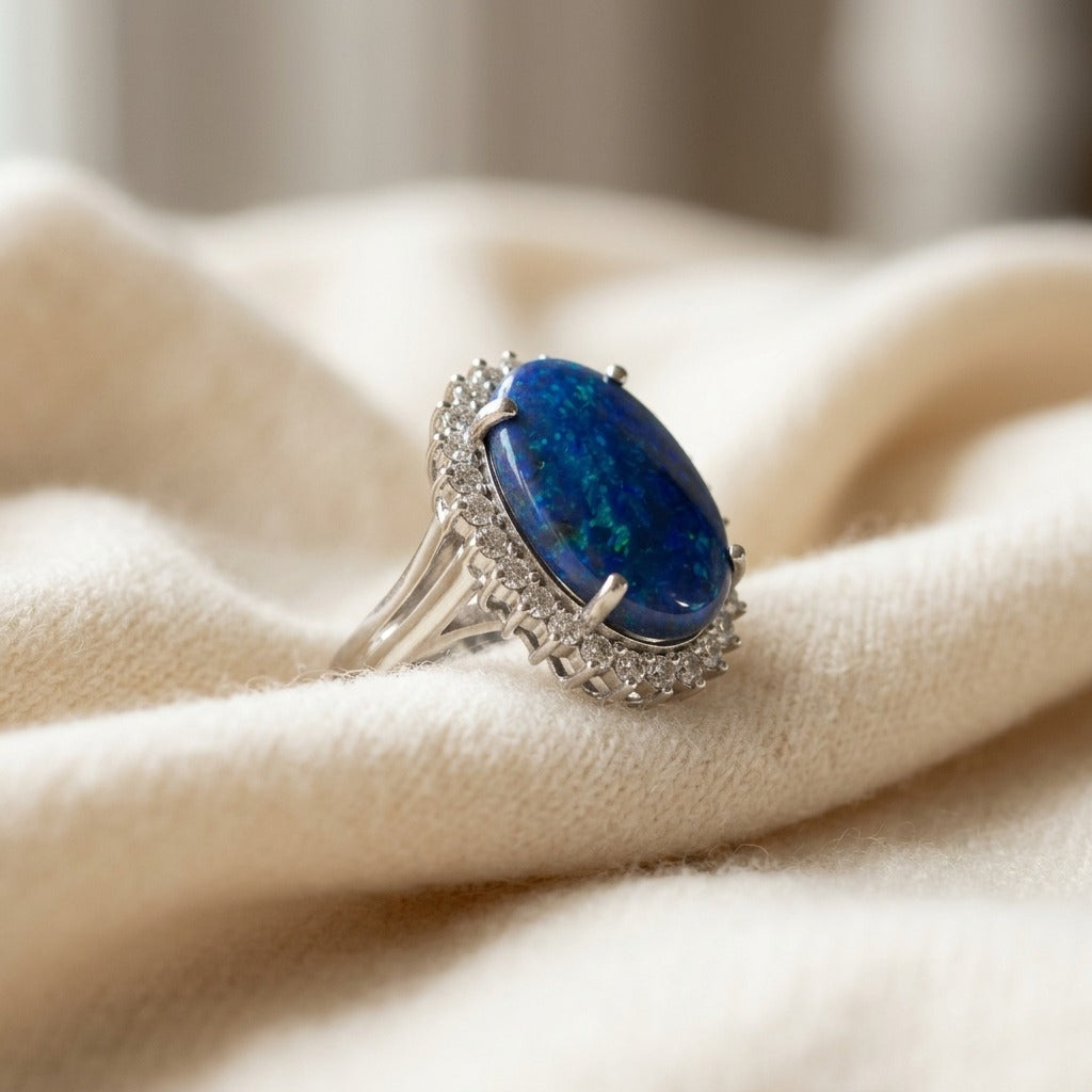 Black Opal / Blue & Diamond Bold Split Shank Ring in 14K White Gold - flat lay