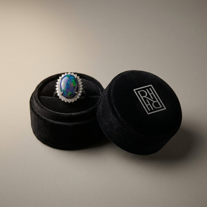 Black Opal / Blue & Diamond Bold Split Shank Ring in 14K White Gold - presentation
