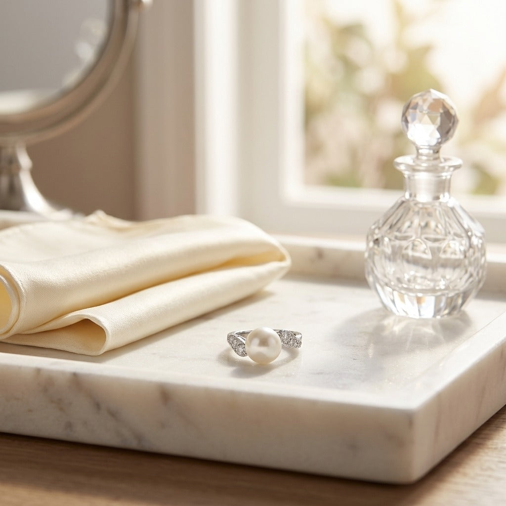 Freshwater Pearl & Diamond Ring in 14K White Gold - editorial
