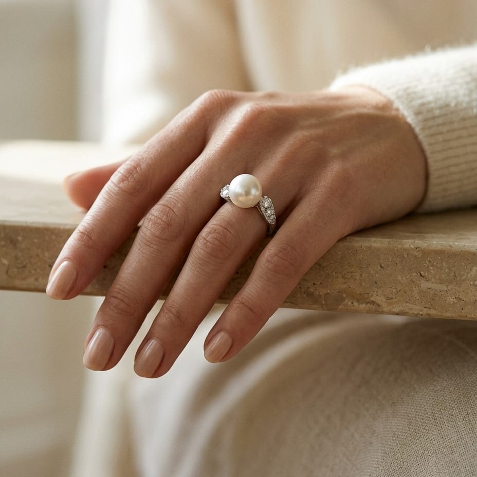 Freshwater Pearl & Diamond Ring in 14K White Gold - lifestyle