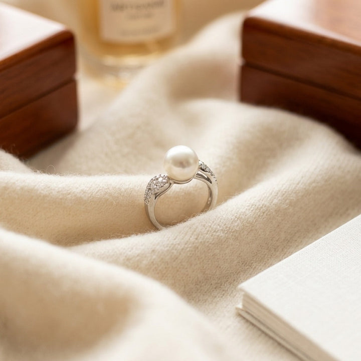 Freshwater Pearl & Diamond Ring in 14K White Gold - flat lay