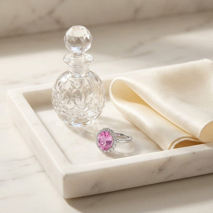 Oval Pink Sapphire & Diamond Halo Ring in 14K White Gold - lifestyle