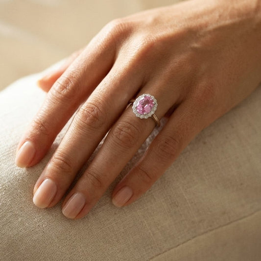 Oval Pink Sapphire & Diamond Halo Ring in 14K White Gold - editorial
