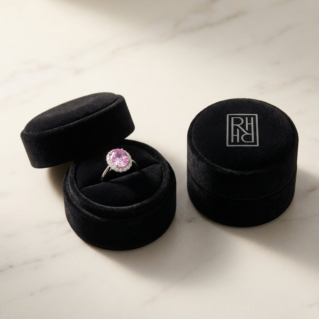 Oval Pink Sapphire & Diamond Halo Ring in 14K White Gold - presentation