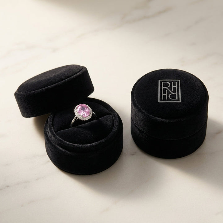 Oval Pink Sapphire & Diamond Halo Ring in 14K White Gold - presentation