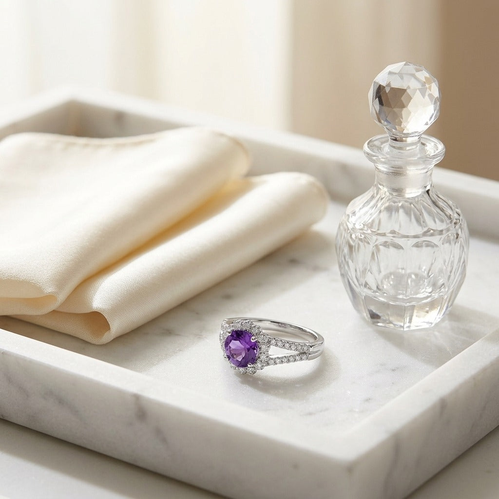Amethyst & Diamond Split Shank Floral Ring in 14K White Gold - editorial