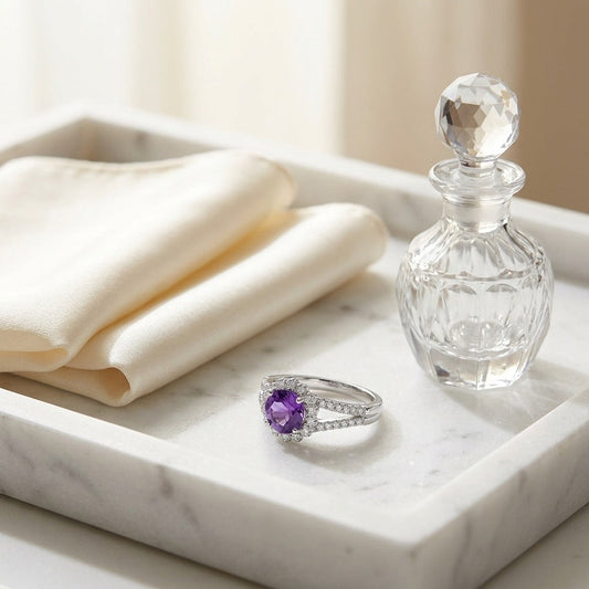 Amethyst & Diamond Split Shank Floral Ring in 14K White Gold - editorial