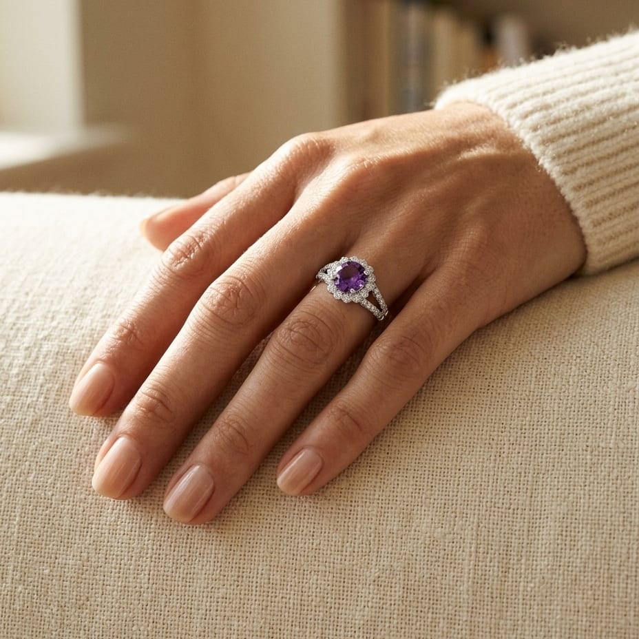Amethyst & Diamond Split Shank Floral Ring in 14K White Gold - lifestyle