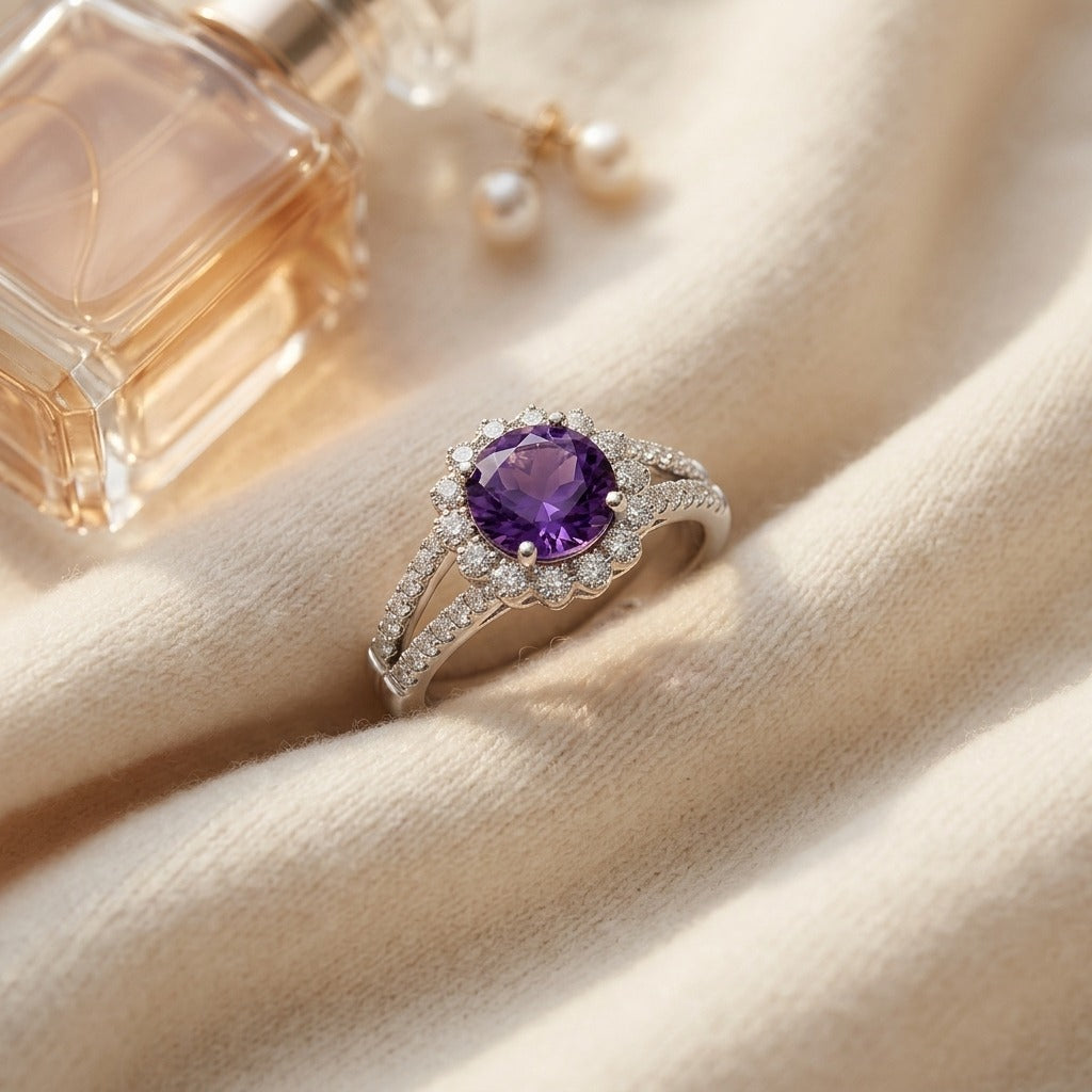 Amethyst & Diamond Split Shank Floral Ring in 14K White Gold - flat lay