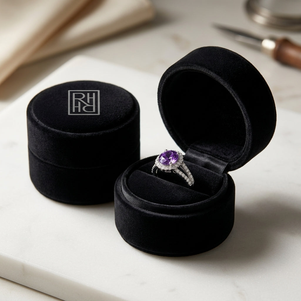 Amethyst & Diamond Split Shank Floral Ring in 14K White Gold - presentation
