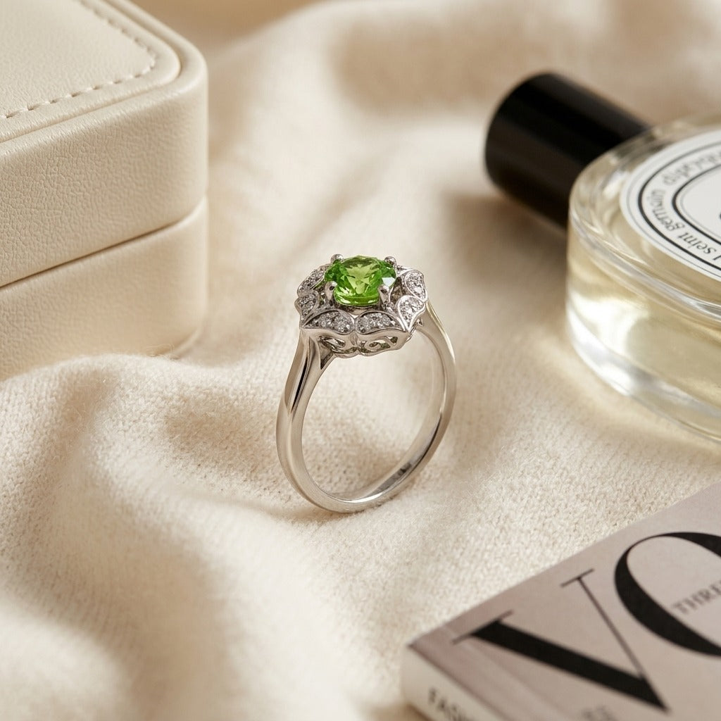 Peridot & Diamond Flower Ring in 14K White Gold - flat lay